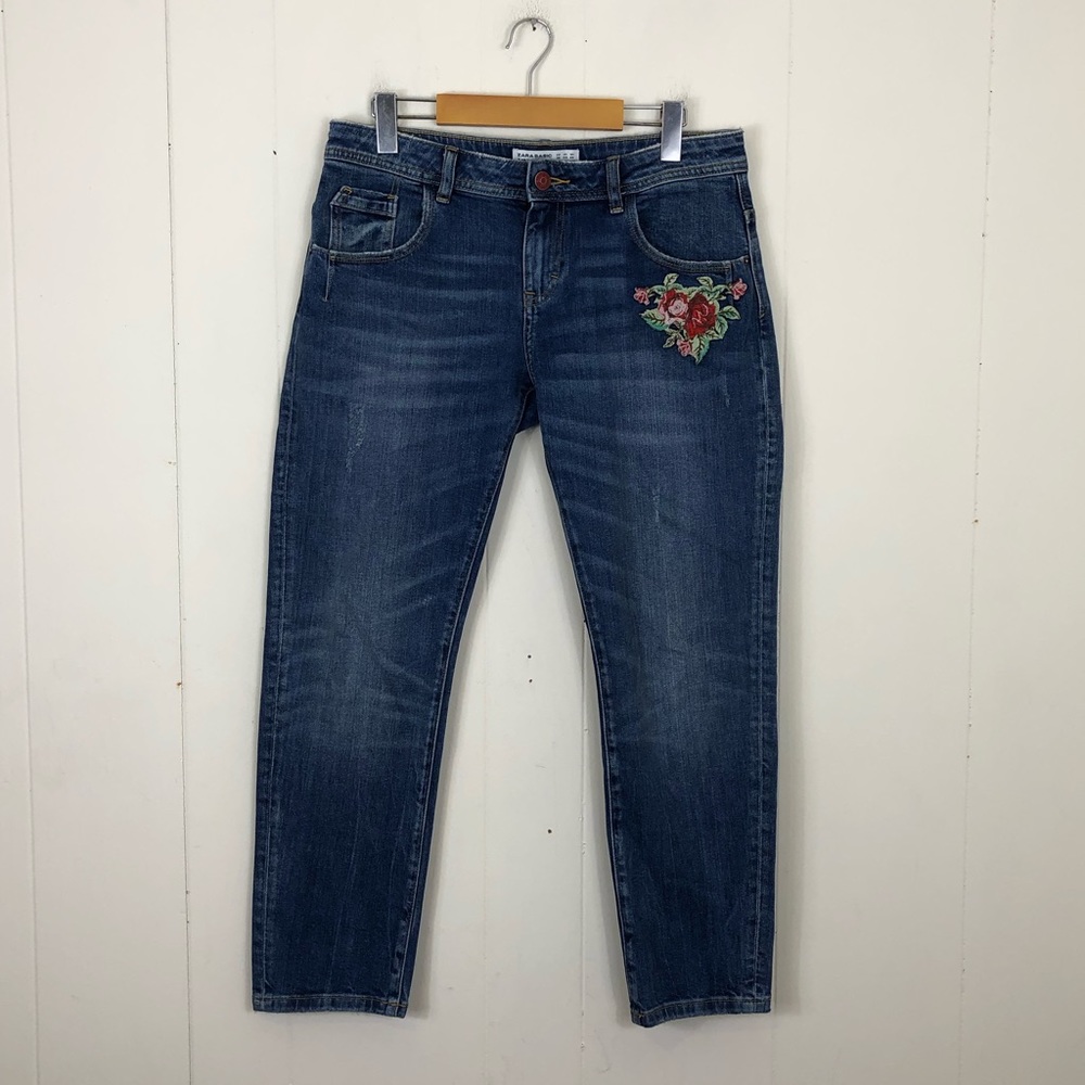 Zara Floral Embroidered Mid-Rise Skinny Jeans Sz 4